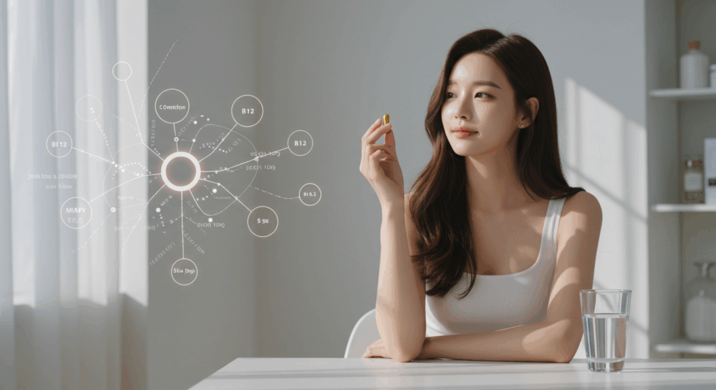 비타민을 섭취하는 여성