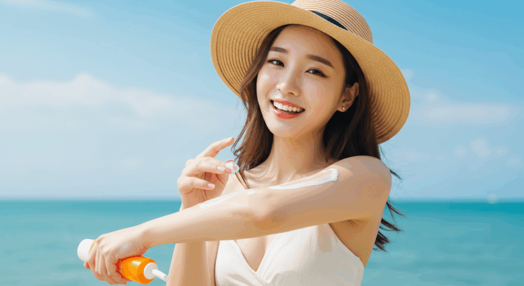 선크림 바르는 여성