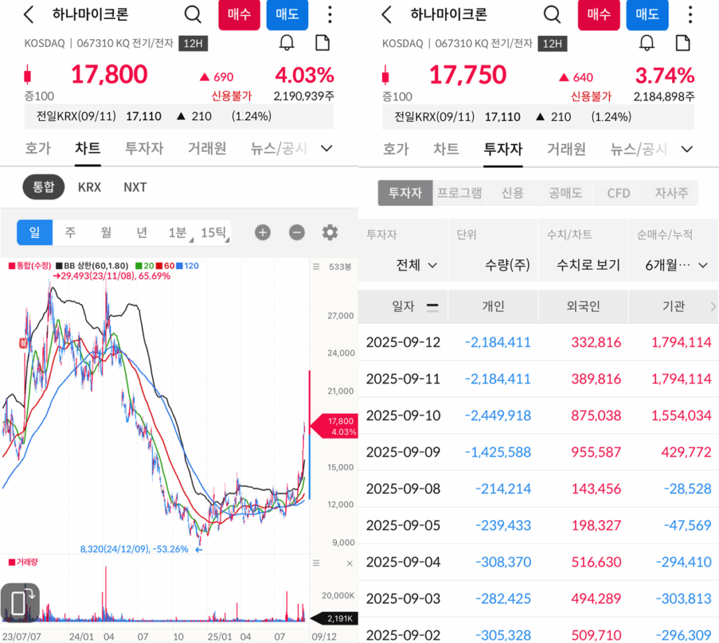 하나마이크론 차트 및 수급 현황